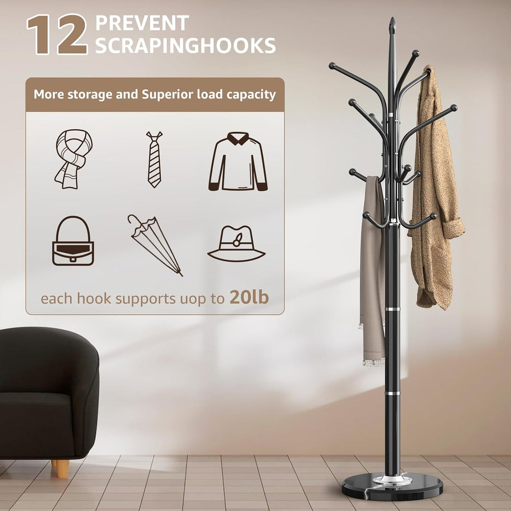 Heavy Duty Coat Rack with Marble Base, 12 Hooks, Adjustable Heights