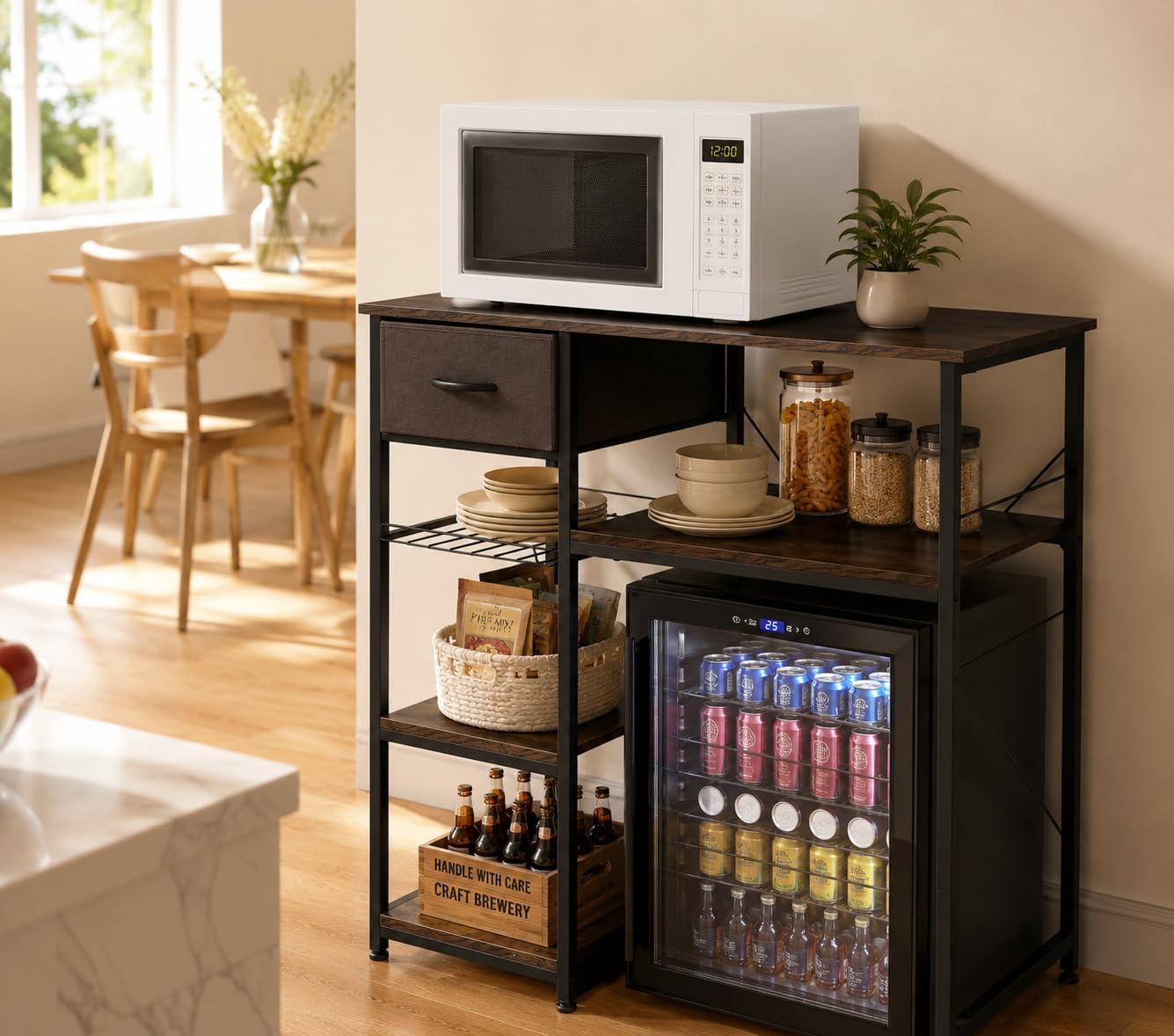 VINGLI Bakers Racks for Kitchens with Storage Mini Fridge Stand Bar Cabinet with Mini Fridge Space, Big Drawer, Wine Rack, Metal Frame Industrial Workstation Microwave Oven Stand 4-Tiers