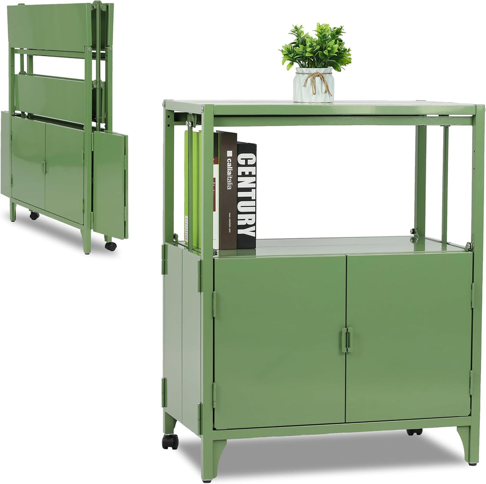 Modern Metal Folding Storage Cabinet, Cream Foldable Sideboard with Shelves, ...