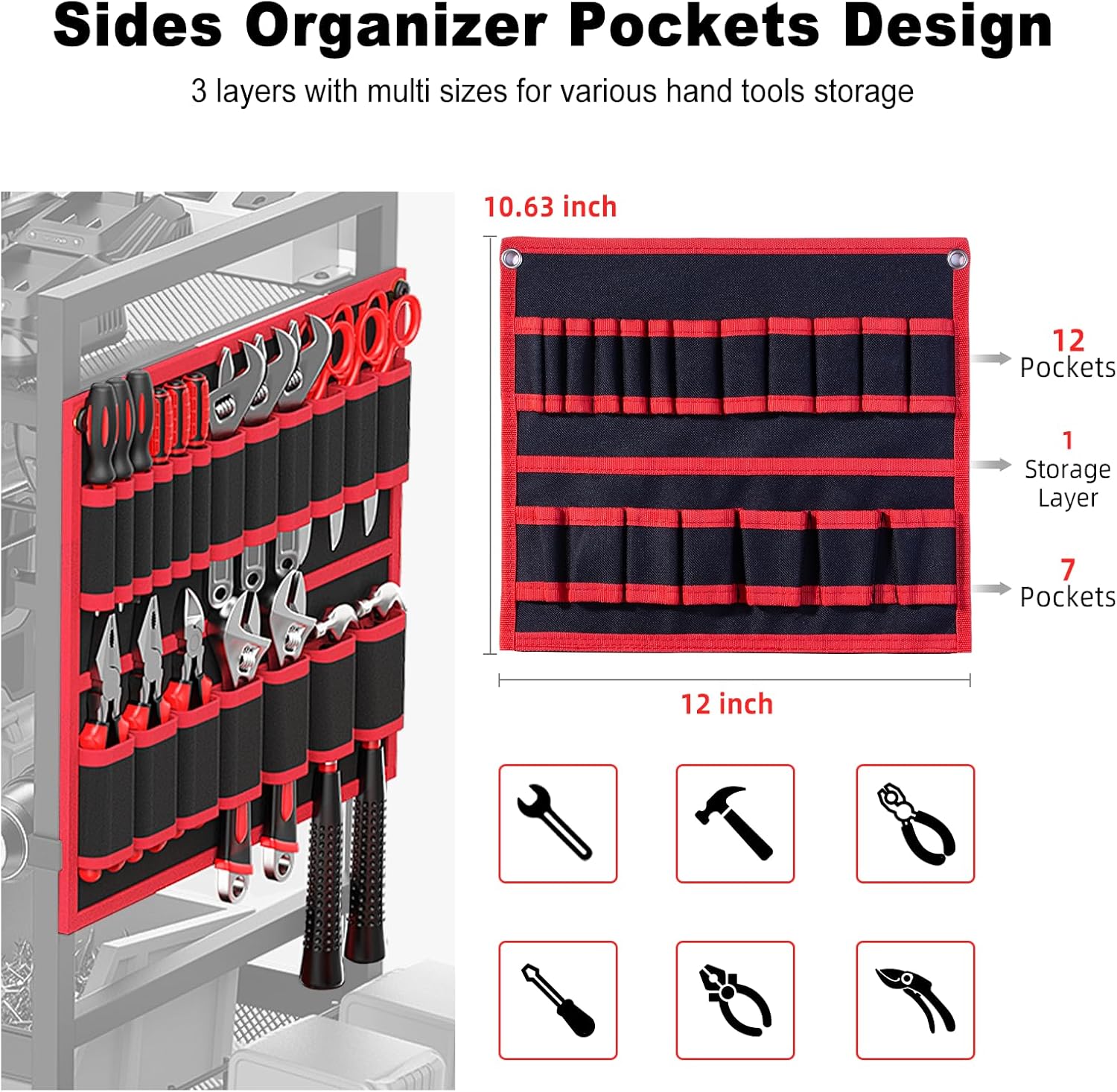 JUNNUJ Garage Large Power Tool Organizer Cart with 20A Charing Station, Heavy Duty Drill and Tools Battery Holder Storage Rack, Floor Standing Rolling Tool Cart on Wheels, Red