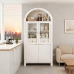 71" Tall Arched Cabinet, Modern Farmhouse Kitchen Storage Cabinet with Adjustable Shelves, Display Storage Hutch with Hidden Drawer & Glass Door for Kitchen, Living Room, Dining Room, White