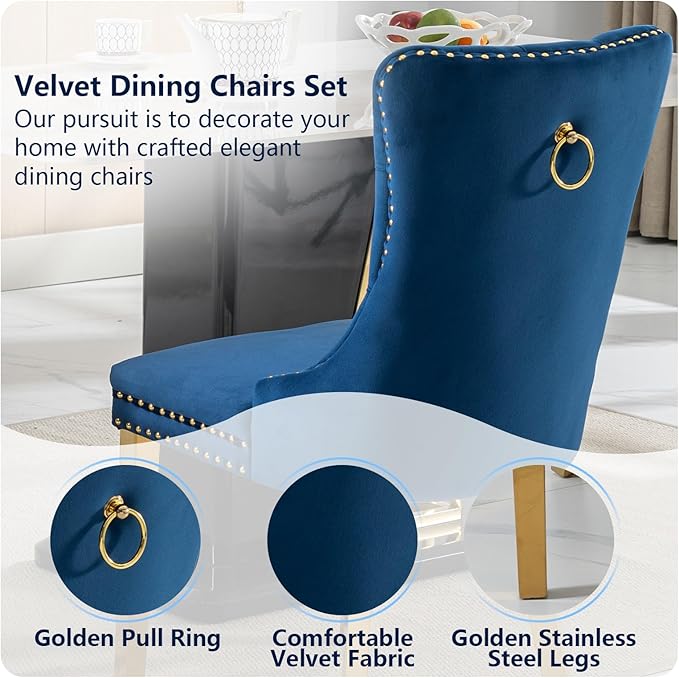 Blue Velvet Dining Chairs Set of 2, Kitchen Chairs Set of 2, Tufted Upholstered Dining Room Chair, Back Ring Pull Trim, Golden Stainless Steel Legs, Blue