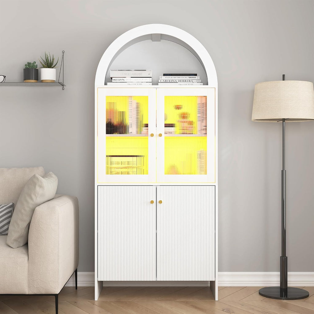 69" LED Tall Arched Kitchen Pantry Cabinet, Wood Kitchen Storage Hutch with 2 Large Drawers and Adjustable Shelves, Glass Dome Cupboard for Dining Room, Bathroom，Livingroom