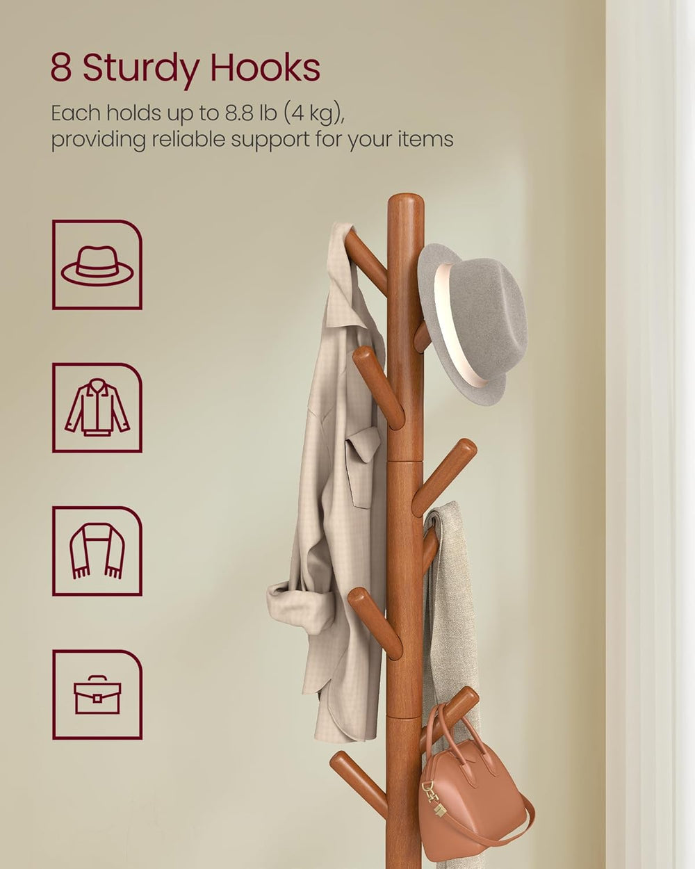 VASAGLE Coat Rack, Free Standing Coat Stand, Hall Coat Tree with 8 Hooks and ...