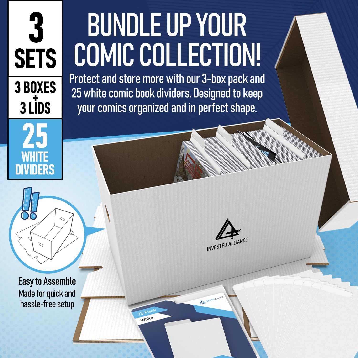 Bundle Set Premium Short Comic Book Storage Box Organizer with Lid | Thick Cardboard Comic Storage Box For Collectibles Fits 150-175 Current/Silver Age, Heavy Duty & Stackable.