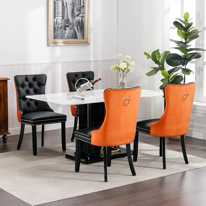 Dining Chairs Set of 6, Upholstered Tufted Dining Room Chairs with High Back, Nailhead Trim and Solid Wood Legs, Modern Dinning Chairs for Dining Room, Black Pu Leather Splicing Orange Velvet