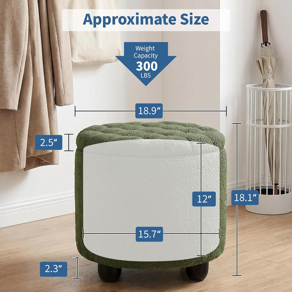 Furniliving Modern Round Storage Ottoman, Upholstered Button Tufted Ottoman Footstool Ottomans with Removable Lid Storage Footstool for Living Room, Bedroom, Makeup Room, Teddy, Green