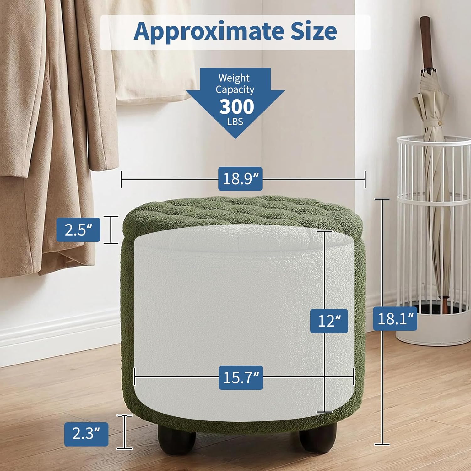Furniliving Modern Round Storage Ottoman, Upholstered Button Tufted Ottoman Footstool Ottomans with Removable Lid Storage Footstool for Living Room, Bedroom, Makeup Room, Teddy, Green
