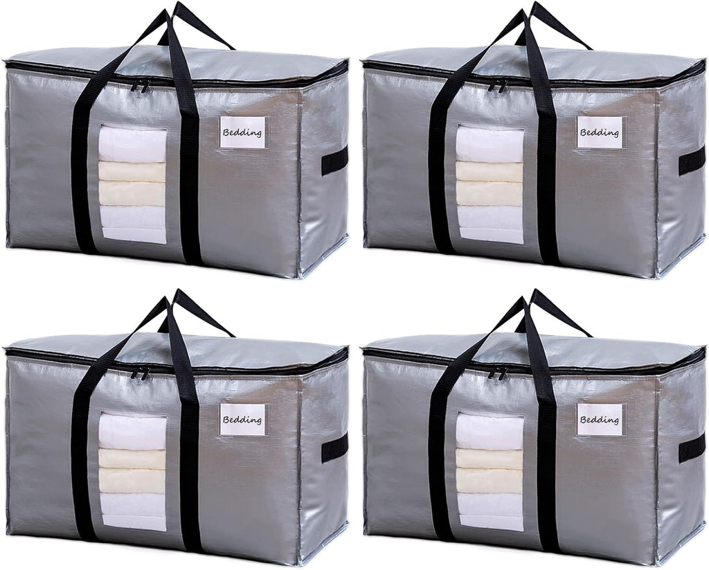 TAILI Extra Large Moving Bags, 4 Pack Silver Heavy Duty Totes for Storage with Visible Window, Wrap Around Handles, Space Saving Storage Bags for Moving Supplies, Alternative to Moving Boxes