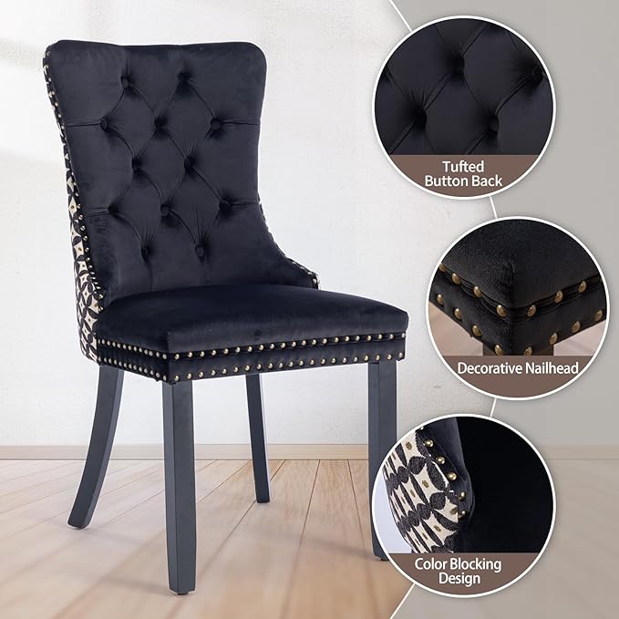 Velvet Dining Chairs Set of 6, High-end Tufted Upholstered Dining Chair with Back Ring Pull, Nailhead Trim and Solid Wood Legs, Modern Dining Room Chairs for Dining Room, Black &Patterned