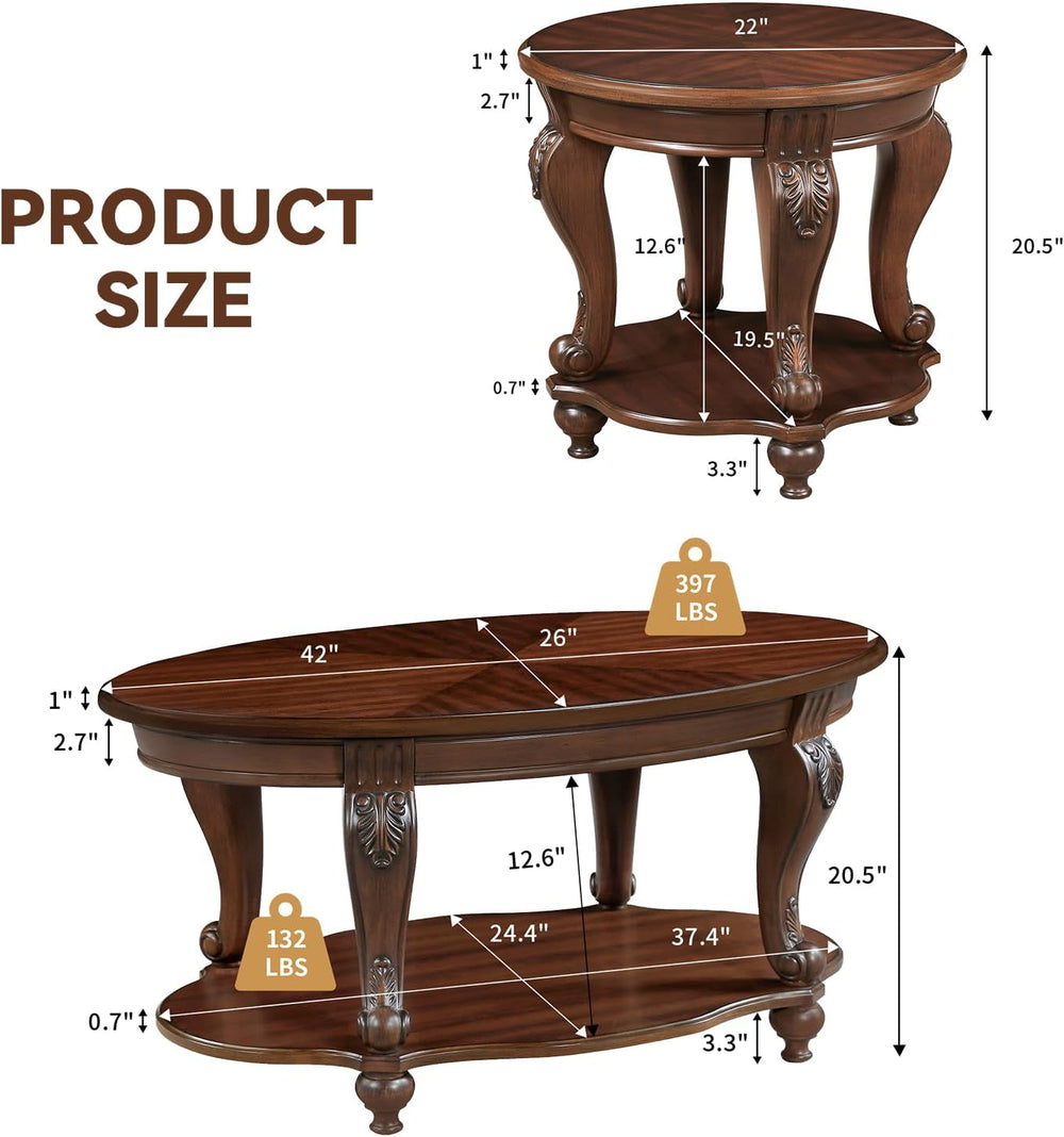 LKTART Oval Wood Living Room Coffee Table and End Table Set of 3, Cherry