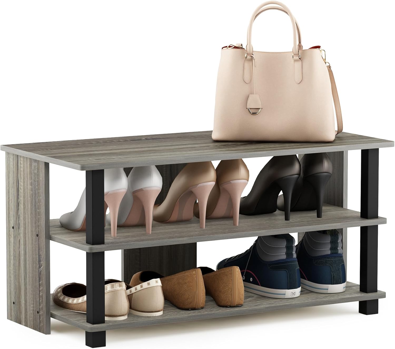Furinno Turn-N-Tube Shoe Rack, 3-Tier Shoe Organizer, Shoe Storage with Compact Open Shelves, 15.5 x 31.5 x 15.7, for Closet Entryway, Office, Garage, French Oak/Black