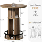 HSH 39.37" H Round Bar Table with Storage and Metal Ring Footrest, Rustic | Modern Bar Height Pub Table With 2 Tier Storage, Space-Saving Design, For Kitchen, Coffee Bars And Small Spaces, Table Only