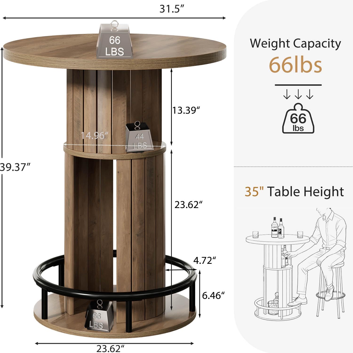 HSH 39.37" H Round Bar Table with Storage and Metal Ring Footrest, Rustic | Modern Bar Height Pub Table With 2 Tier Storage, Space-Saving Design, For Kitchen, Coffee Bars And Small Spaces, Table Only