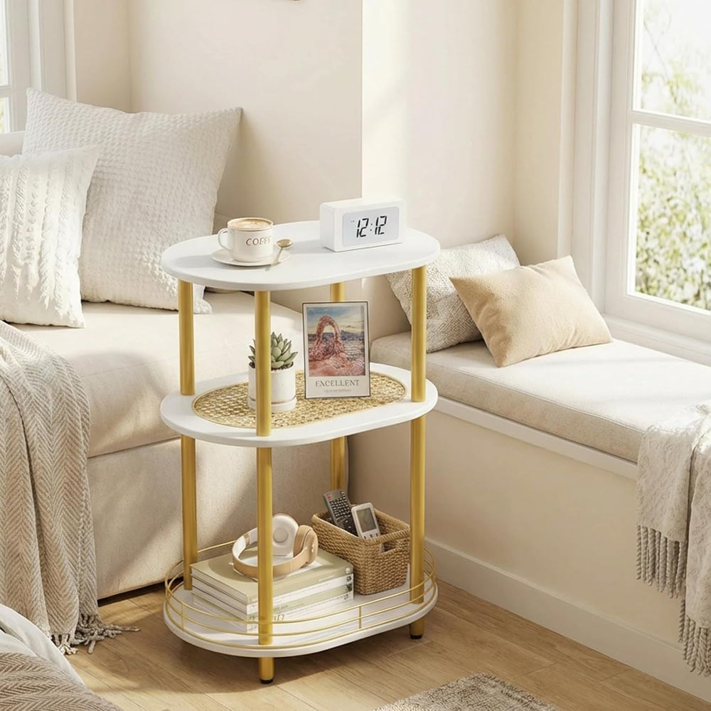 Small Rattan Side/Accent Table with Storage, 3 Tier Round/Oval End Table with...