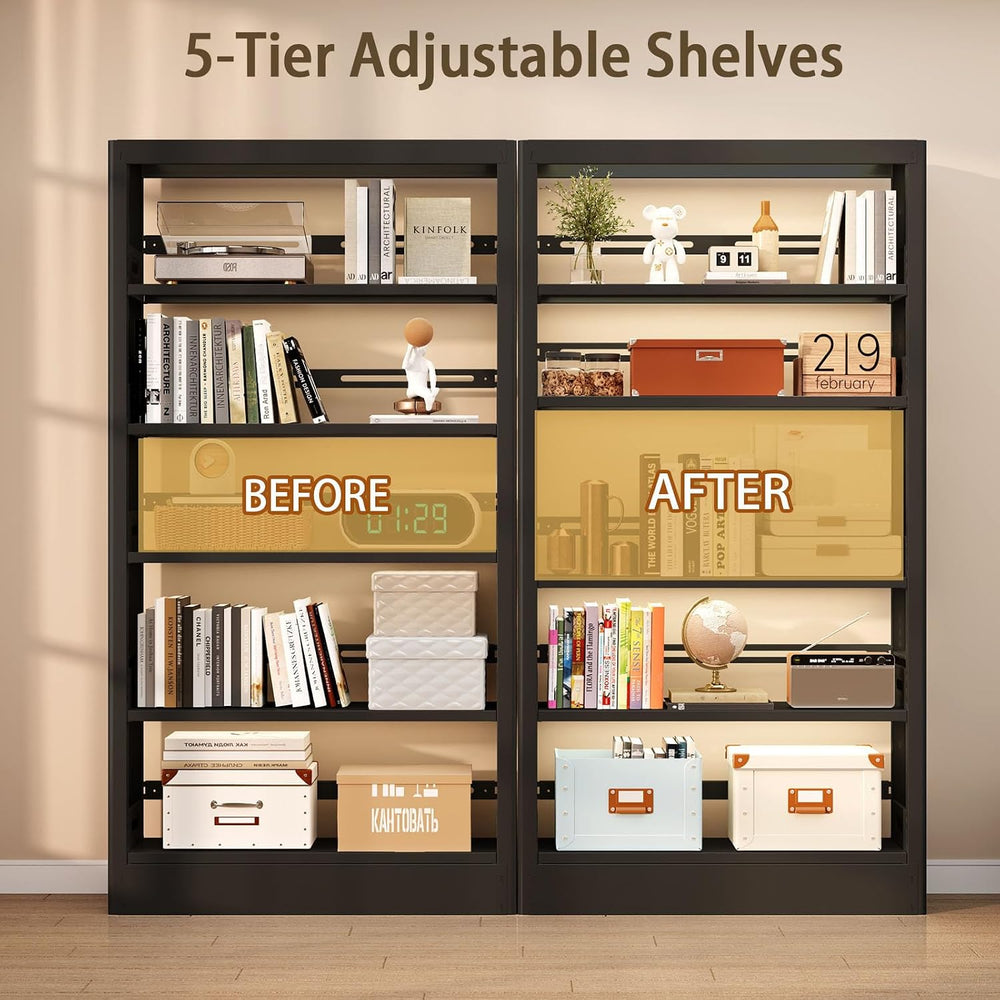 71"H Metal Bookshelf, 5 Tier Bookcase with Adjustable Shelves, Tall Book...