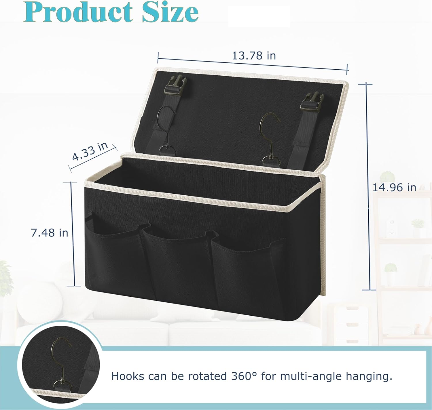 Bedside Caddy/Bedside Storage Organizer Hanging Bag with Three Options,Suitable for home beds, sofas, and dormitory beds—can hold magazines, books, phones, iPads, remote controls. (Black)