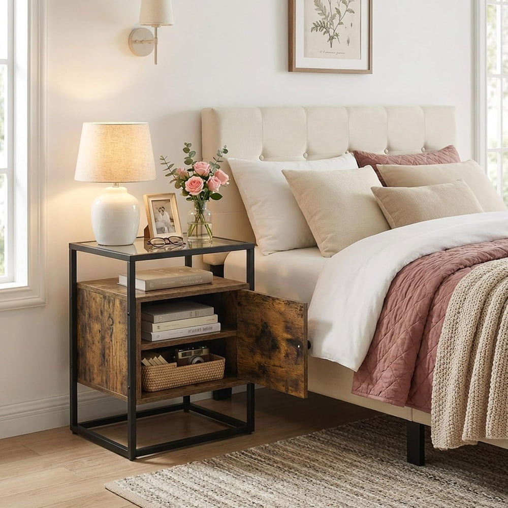 Side Table with 2 Tier Storage Cabinet, Small End Tables Wood Solid with Glas...
