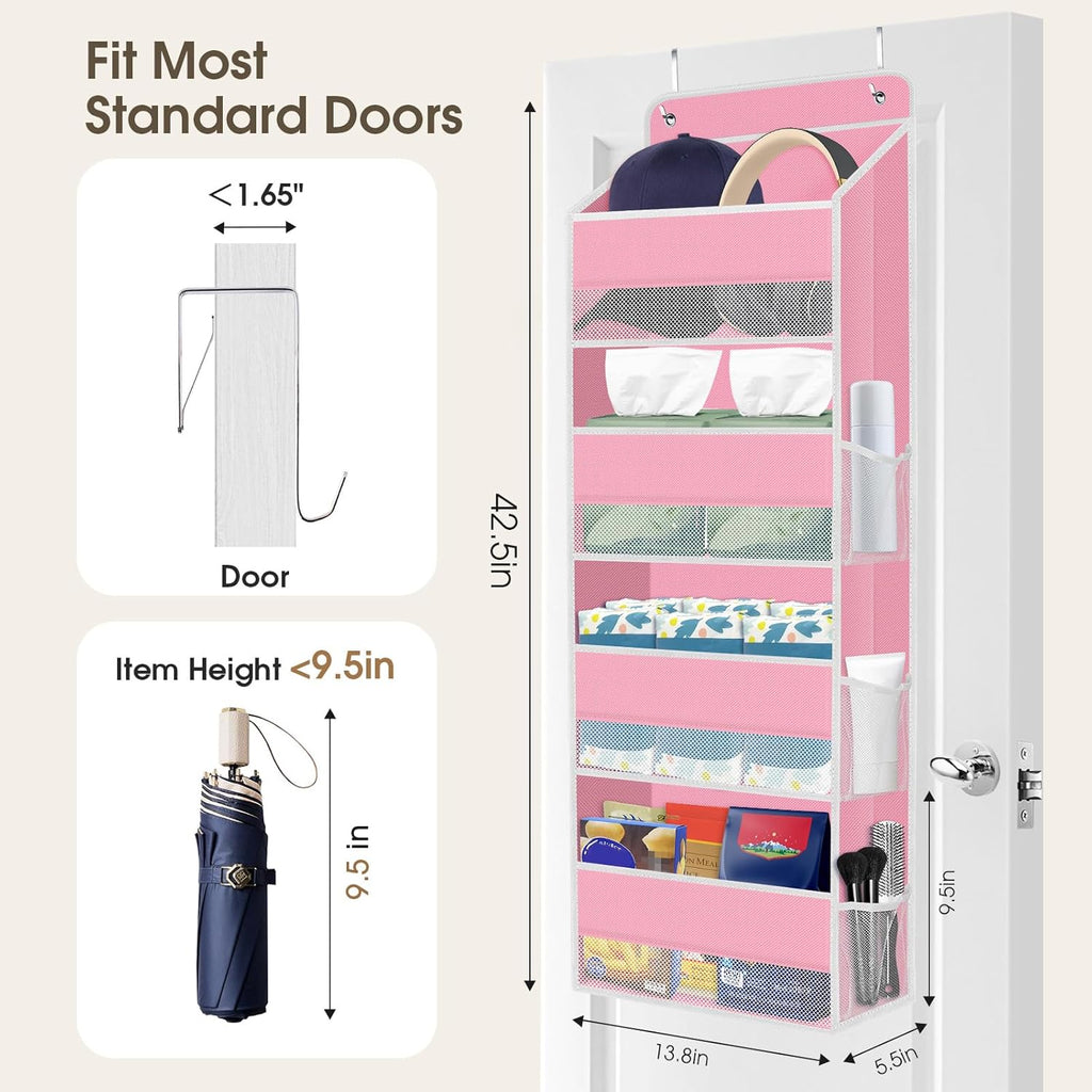 2 Pack Over The Door Organizer Hanging Storage Organizers with Clear Window 40lb Large Capacity Room Organizer for Pantry Laundry Bathroom Nursery Closet(Pink)
