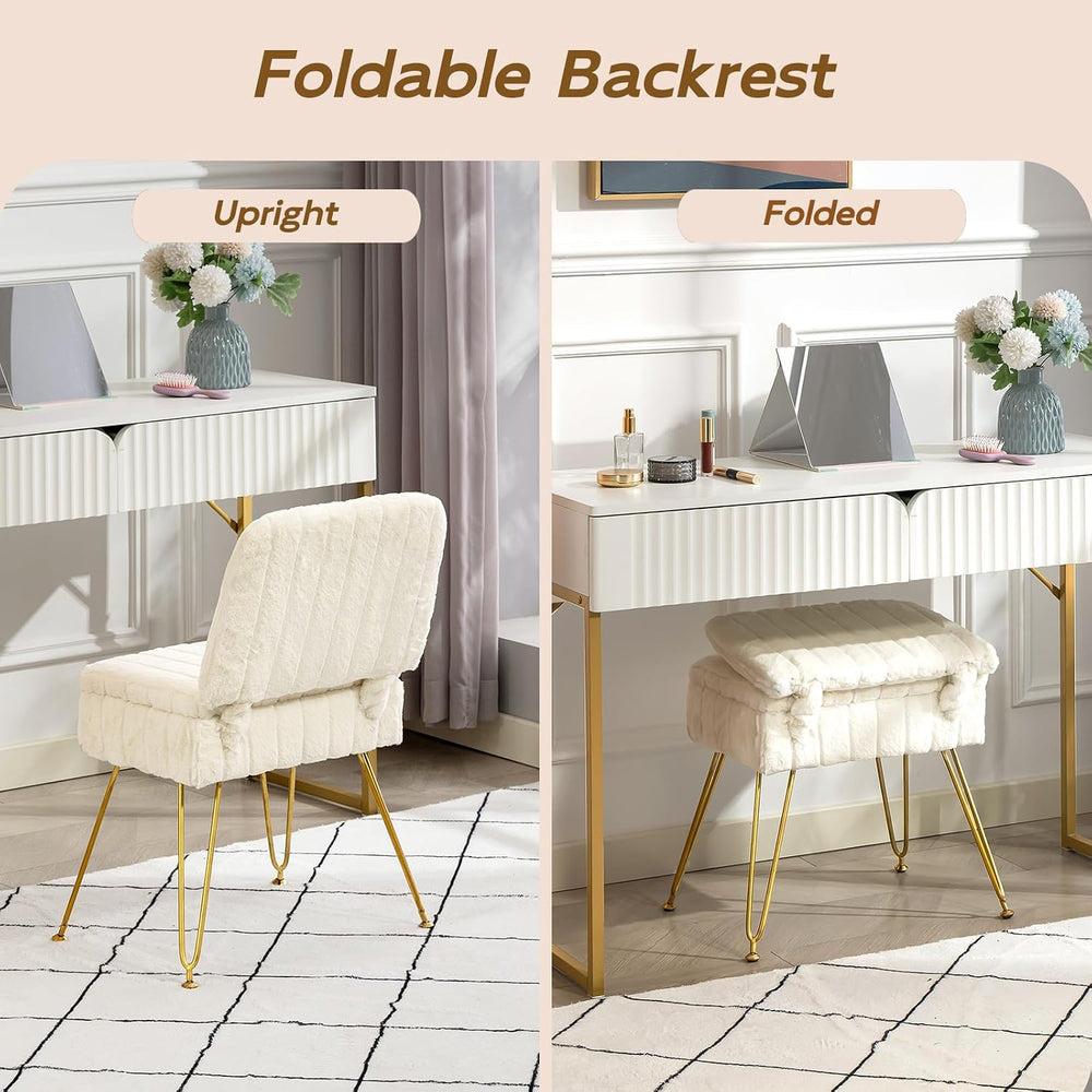 Vanity Chair with Storage | Comfy Ottoman with Folding Back | Faux Fur Vanity...