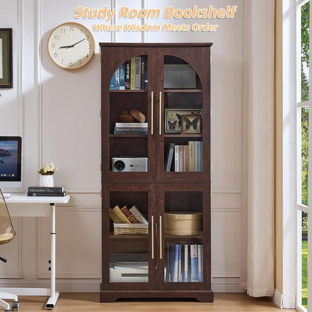 Joaxswe 72" Tall Bookshelf with 4 Curved Glass Doors, Farmhouse Bookcase...