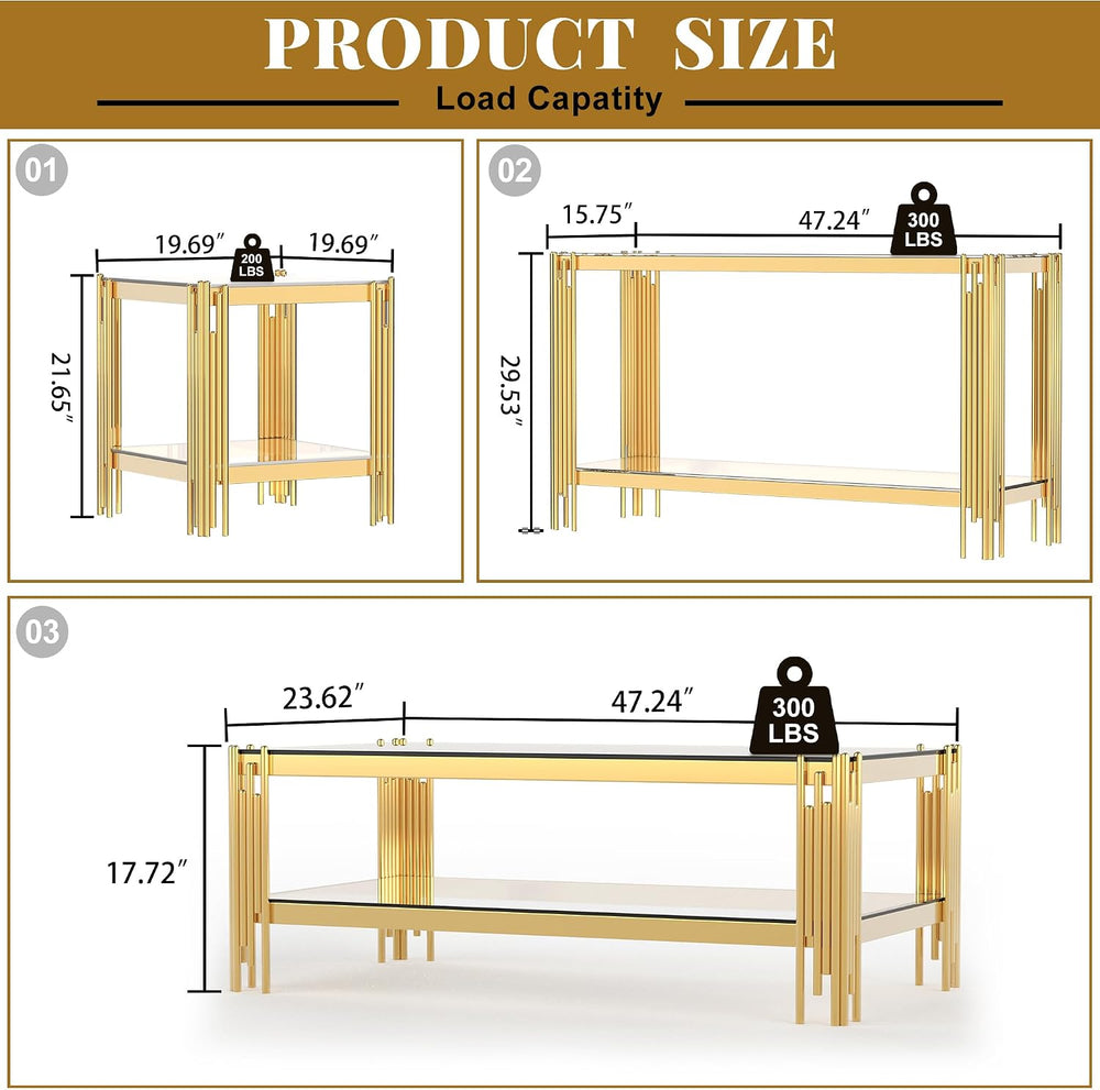 AF ARTISAN FURNITURE Glass Coffee Table Set of 3, Gold 2-Tier Clear Tempered ...