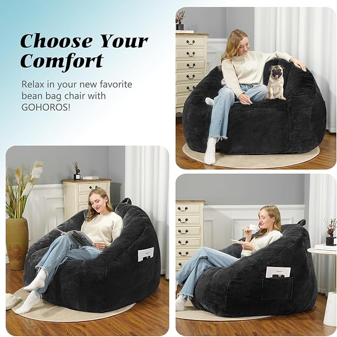 Giant Plush Bean Bag Chair for Adults with Armrests, BeanBag Couch Filler with Memory Foam, Faux Fur Comfy Bean Bag Chair, Anti-Slip Accent Chair Gaming and Reading, Black