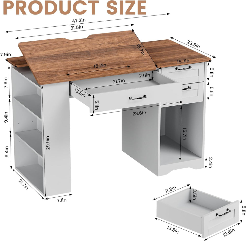 Drafting Table with Storage Cabinet & Drawers, Adjustable Drawing Table w...
