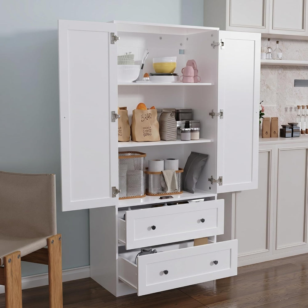 DIYART 64.2" Tall White Kitchen Pantry, Storage Cabinet with Doors and D...