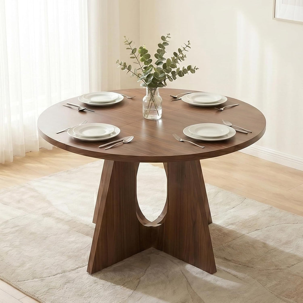 HIPIHOM 43.3"-59" Expandable Round Dining Table, Modern Walnut Kitc...