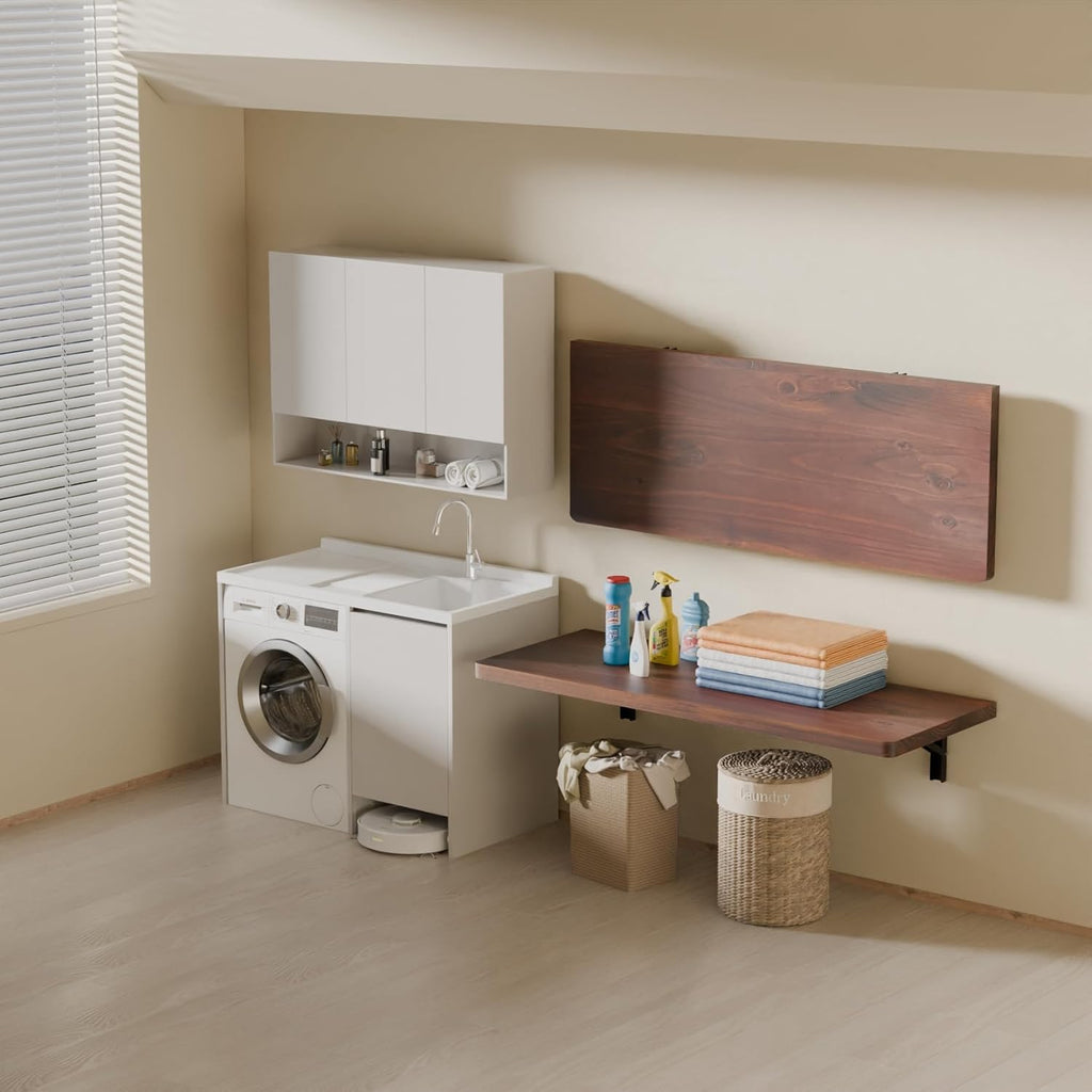 IAE Wall Mounted Folding Table with Pine Wood,36" x 14" Floating Wall Desk,Laundry Folding Table with Shelf Brackets,Fold Down Desk Shelf,Folding Workbench for Home,Dining,Laundry Room,Kitchen,Brown