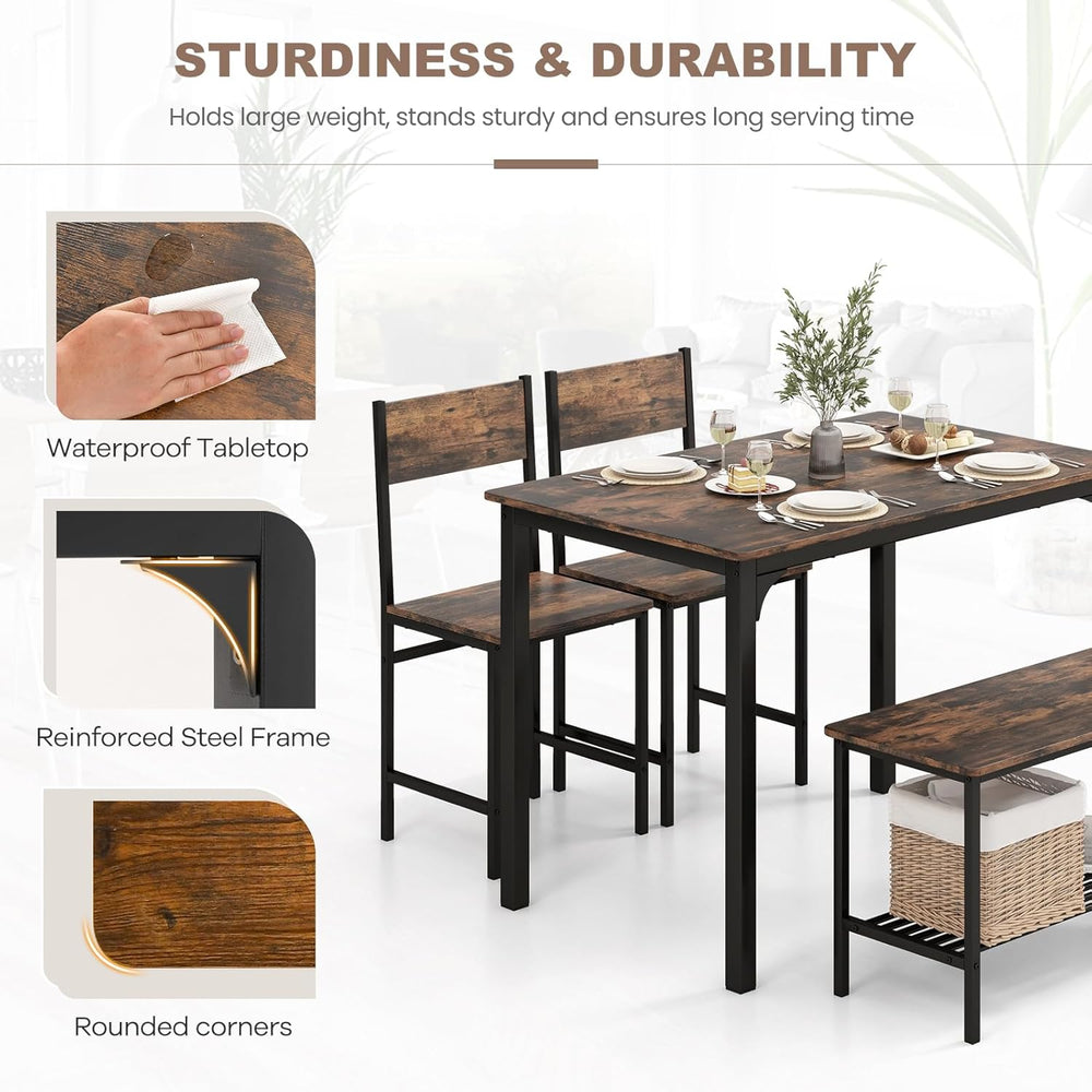 NAFORT Small Dining Table Set for 4 with Bench, Industrial Kitchen Table and ...