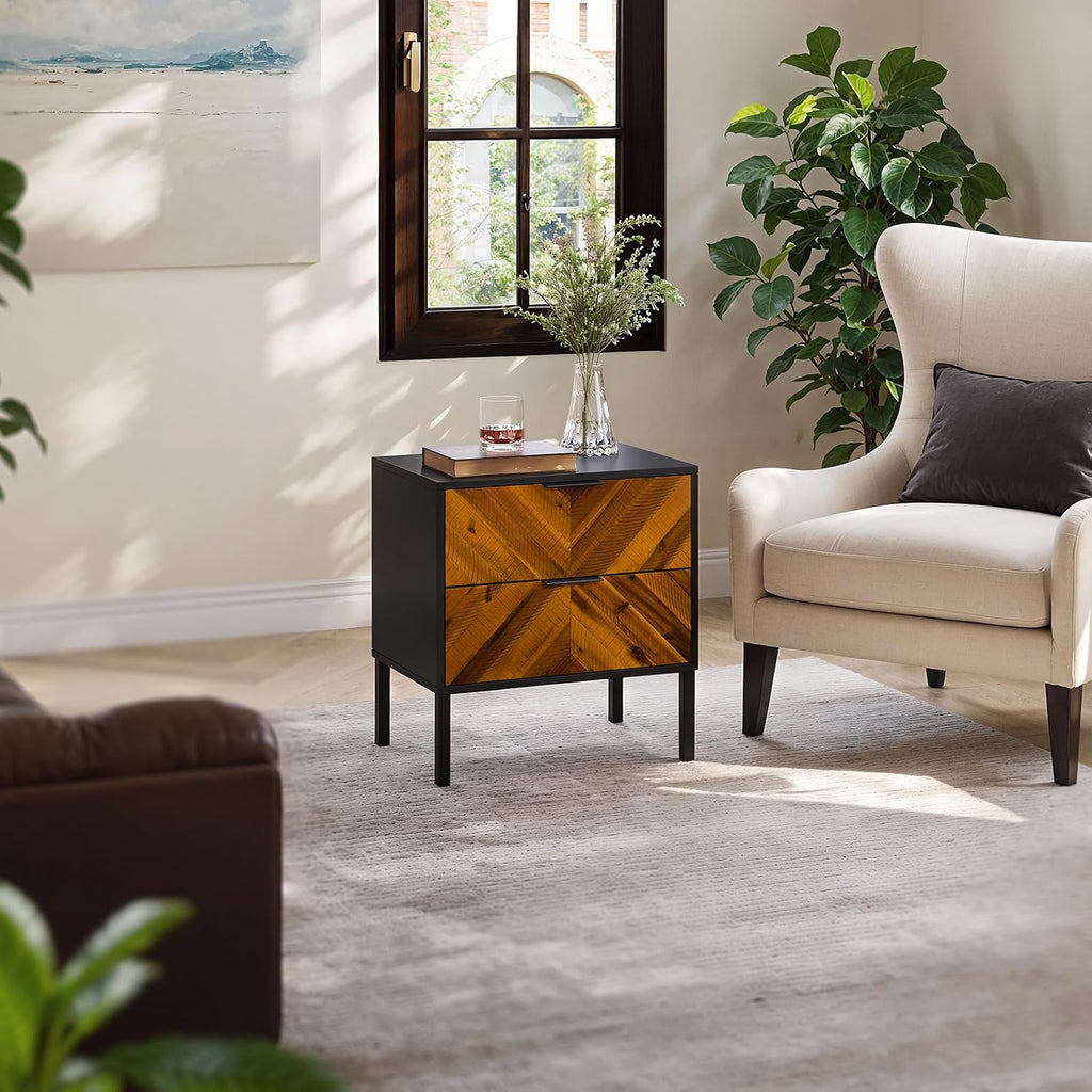 Bme Vivian Nightstand with 2 Drawers, Solid Acacia Wood Bedside Table, Rustic Golden Brown Mid Legacy Modern Night Stand with Storage for Bedroom, Solid Wood End Table with Metal Legs