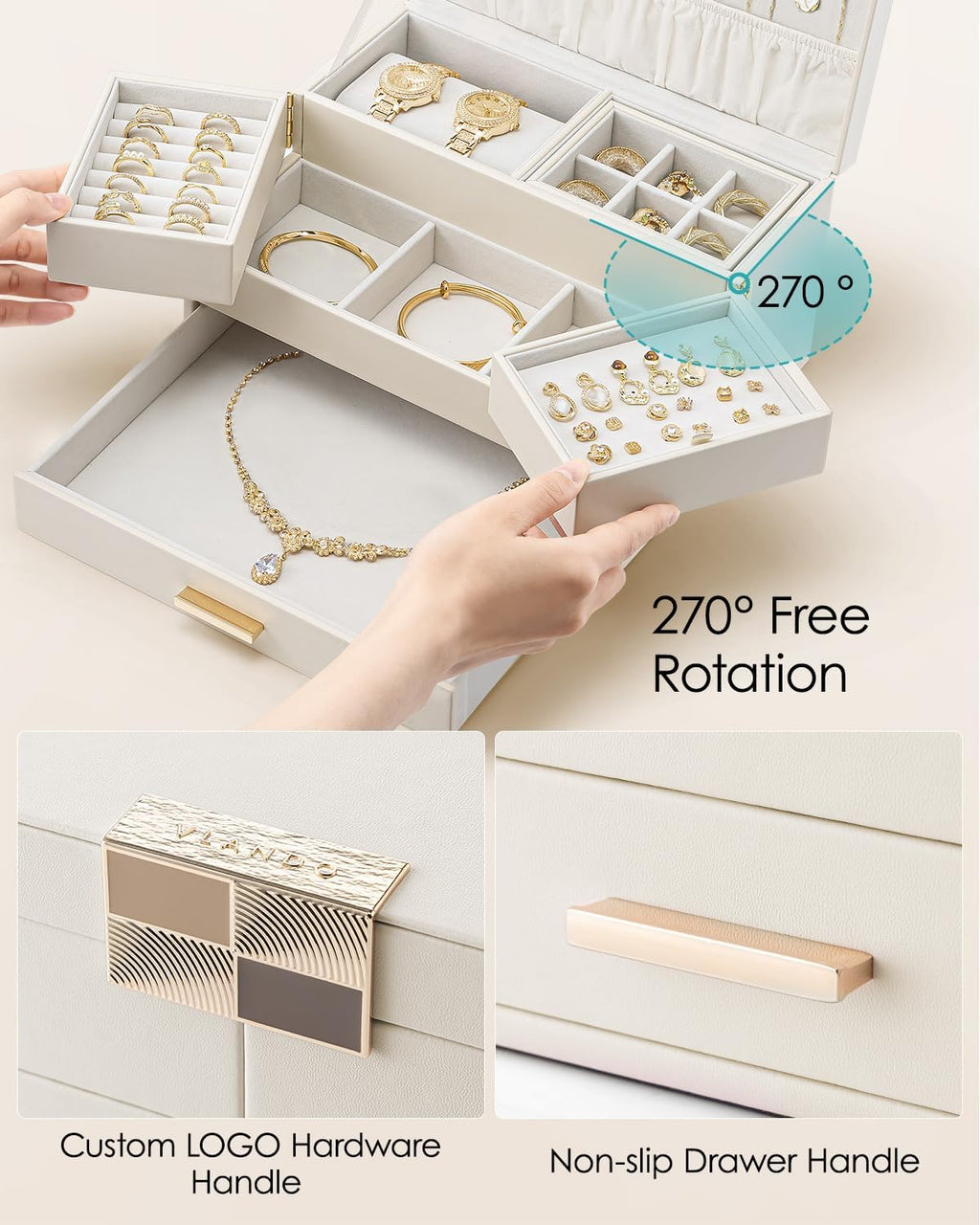 Vlando 3 Layer Jewelry Box - Women Jewelry Box with Retractable Tray - Jewelry Organizers with Drawer for Necklaces, Rings, Bracelets, Earrings, Gift for Couples Mom Girls - Could White