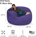 Chill Sack Bean Bag Chair - 5' Giant Memory Foam Lounge Chair with Soft Microfiber Cover – Cozy Furniture for Living Room, Dorm, & Kids' Rooms – Comfortable 5 Ft, Microsuede Lounge Sofa, Purple