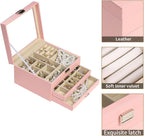 BOOVO Clear Lid Jewelry Box,3 Layers Jewelry Organizer Large Multi-Functional Jewelry Storage Box with 2 Drawers,Jewelry Display Case of Rings Earrings Necklace Bracelets for Women Girls (Pink)