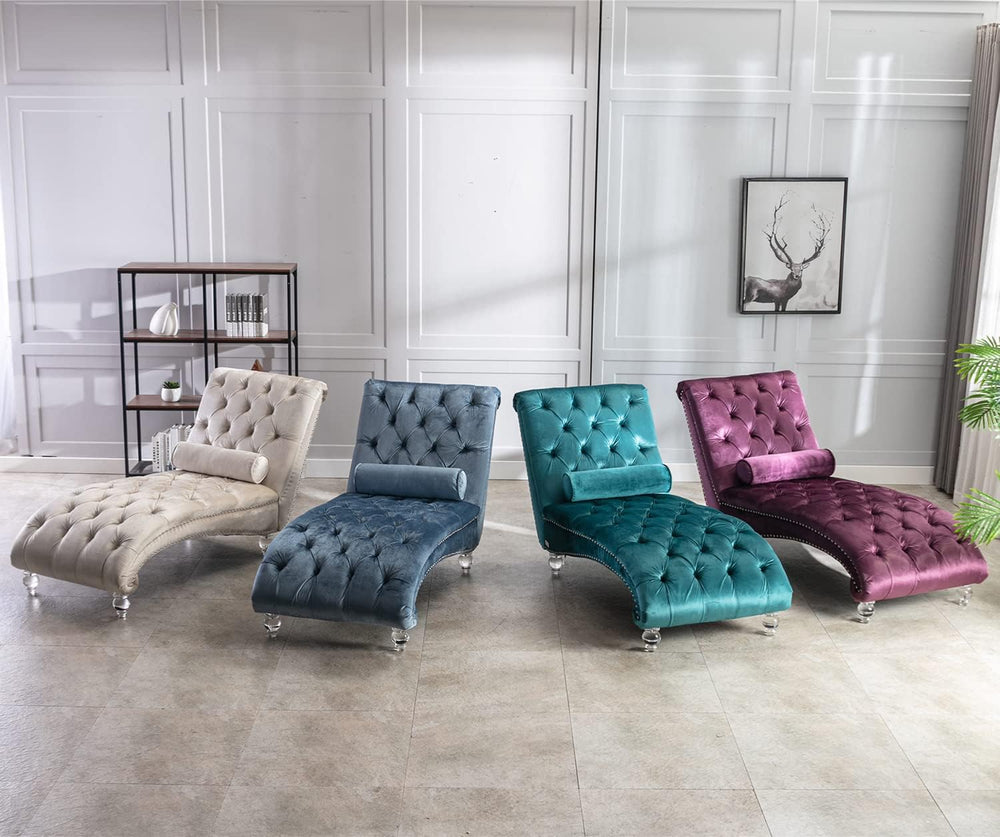 Velvet Chaise Lounge Chair with Toss Pillow, Modern Tufted Button Lounge Chai...