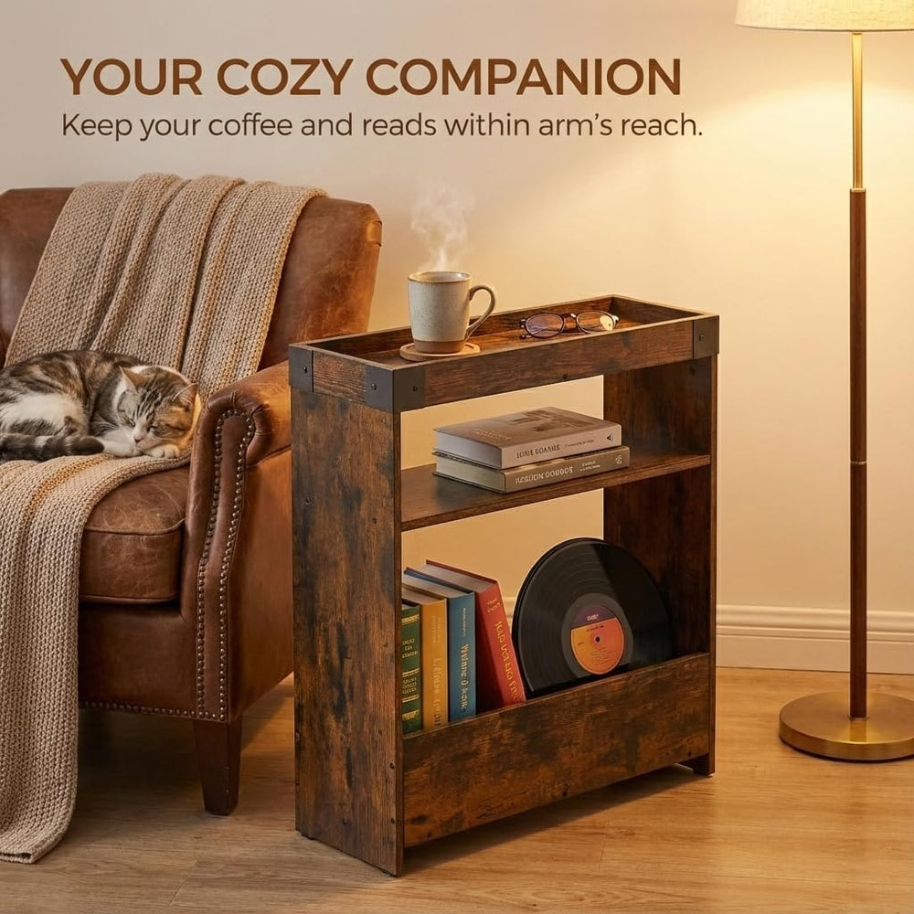 Farmhouse Narrow Side Table with Tray Top & Magazine Rack, Sofa Couch Sid...