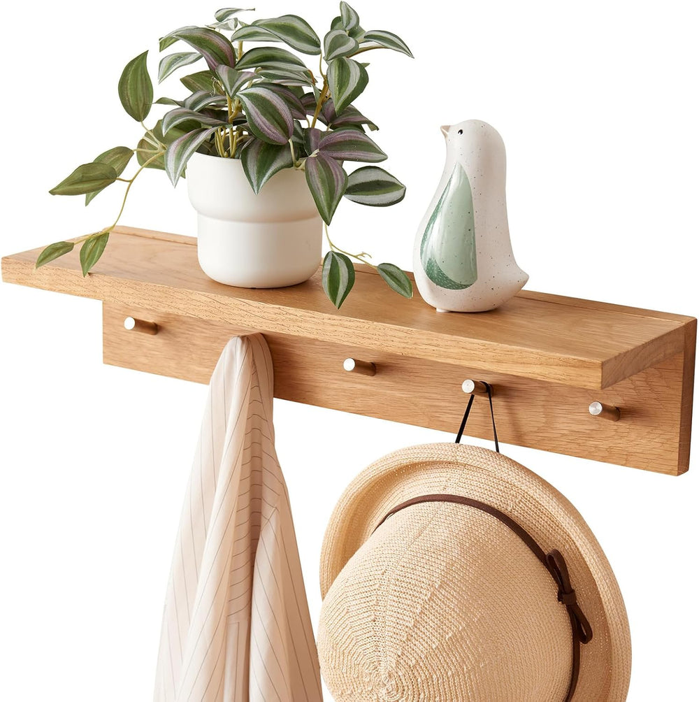 Oak Wood Coat Rack Wall Mount With Shelf 20 Inch Long, 5 Hooks, Floating Entr...