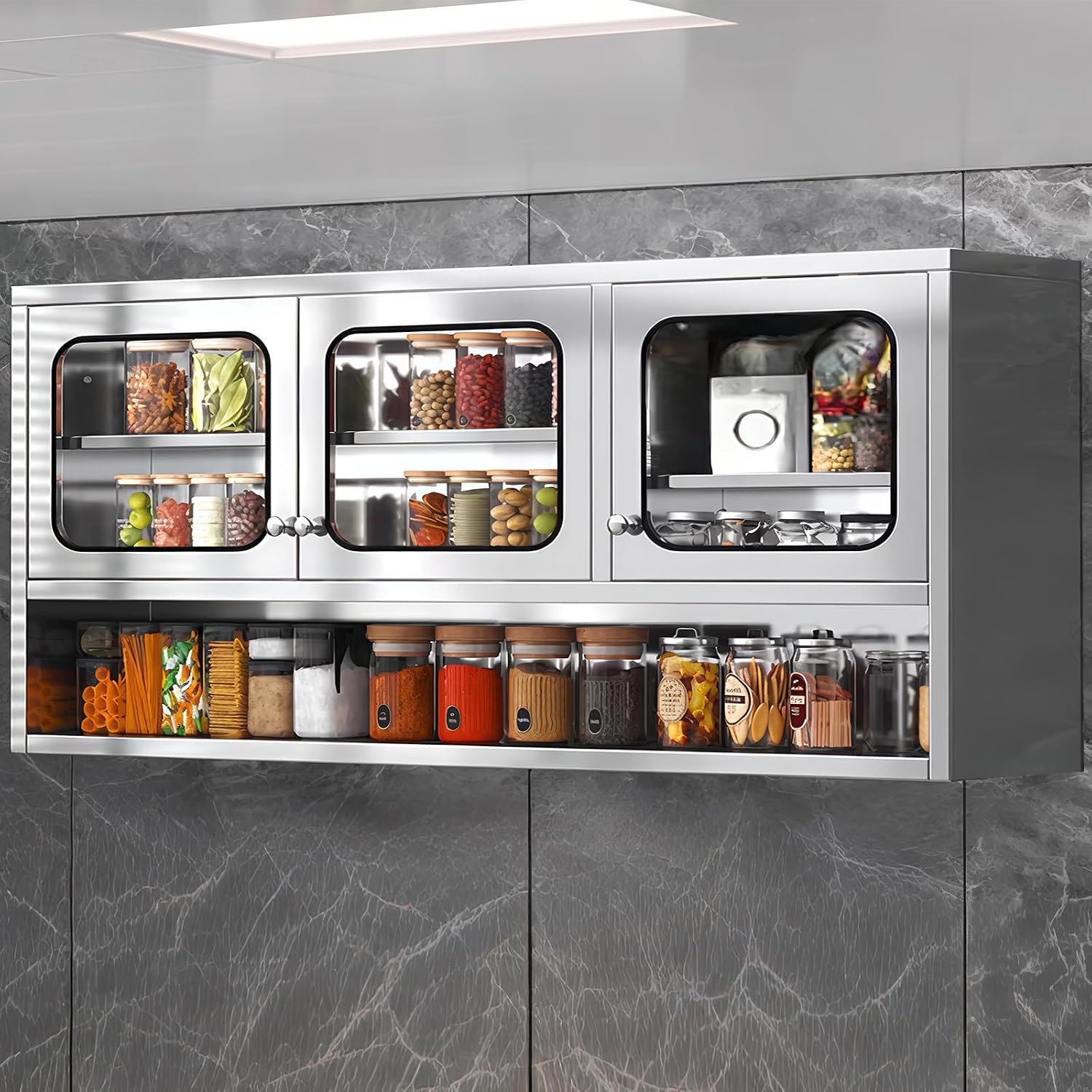ZZV 59” Kitchen Wall Cabinet, Stainless Steel Wall Mounted Cabinet with Adjustable Shelves, Industrial Wall Storage Cabinet for Garage, Warehouse, No Assembly Required, 11.82D x 59.06W x 27.56H in