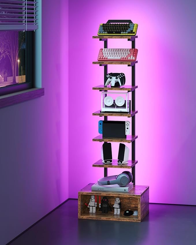 8-Tier Bookshelf, LED Bookcase with Semi-Open Bottom, Small Space Standing Sh...