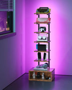 8-Tier Bookshelf, LED Bookcase with Semi-Open Bottom, Small Space Standing Shelf with Lights, Corner Storage Stand, for Living Room, Home Office, Bedroom, Rustic Brown TSJ08DBF