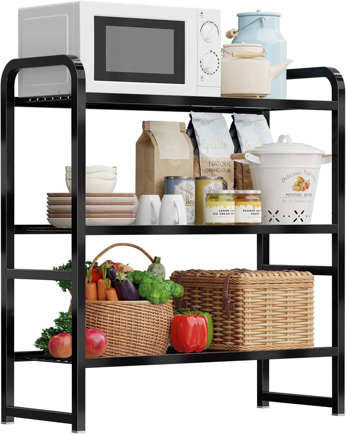 3 Tier Simple Shelf Organizer for Indoor Outdoor, Waterproof Heavy Duty Steel Shelving Unit Plant Stand for Living Room Bathroom Balcony Garden, Easy Assemble, Pitch Black
