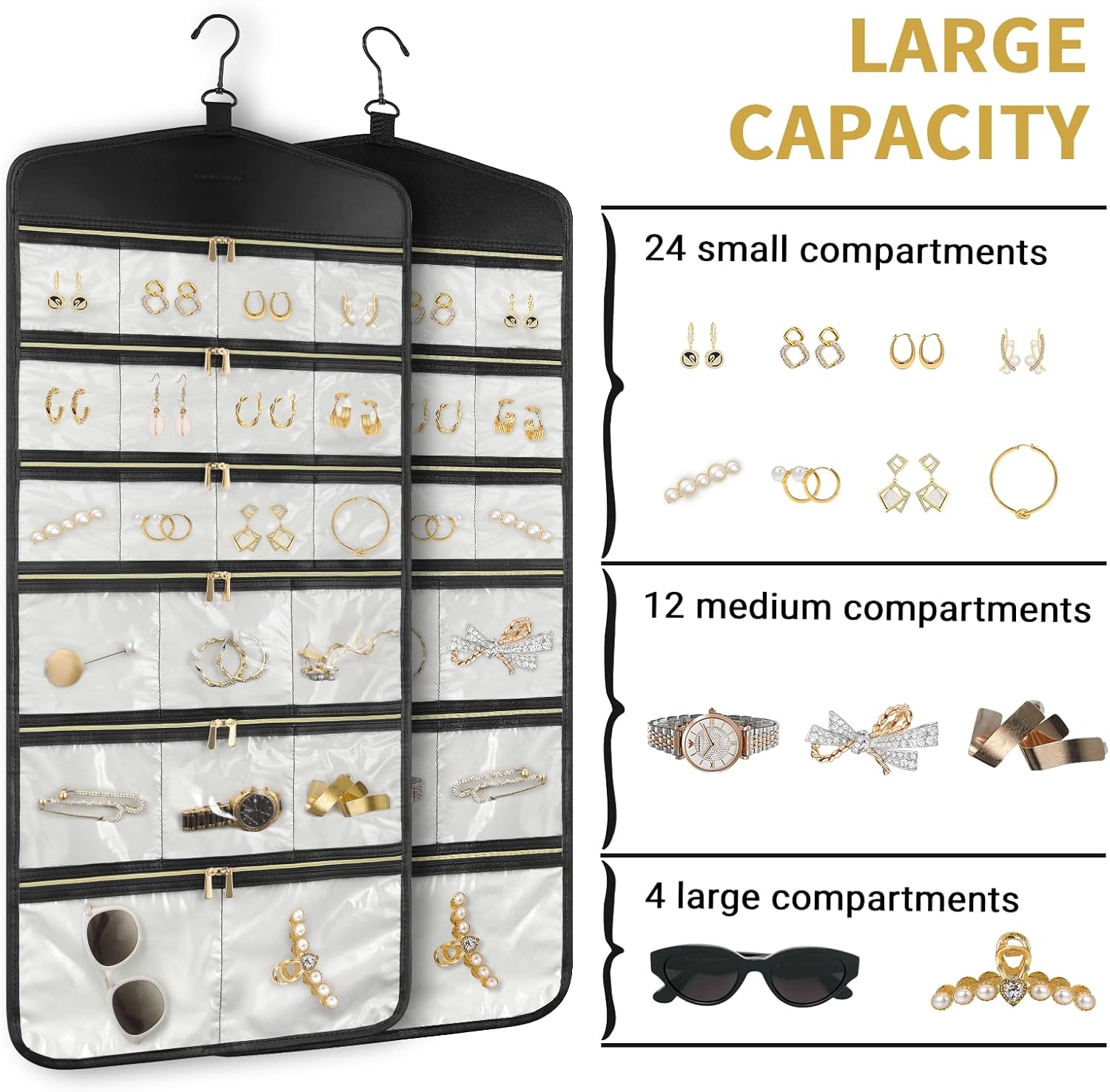 CHICECO Hanging Jewelry Organizer With Zippered Pockets,40 Pockets Travel Jewelry Organizer Storage for Cloest,Wall,Door