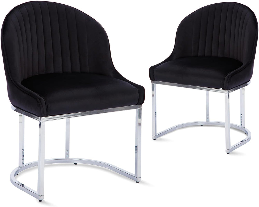 Velvet Dining Chairs Set of 2 with Silver Metal Legs, Black | Upholstered Sea...