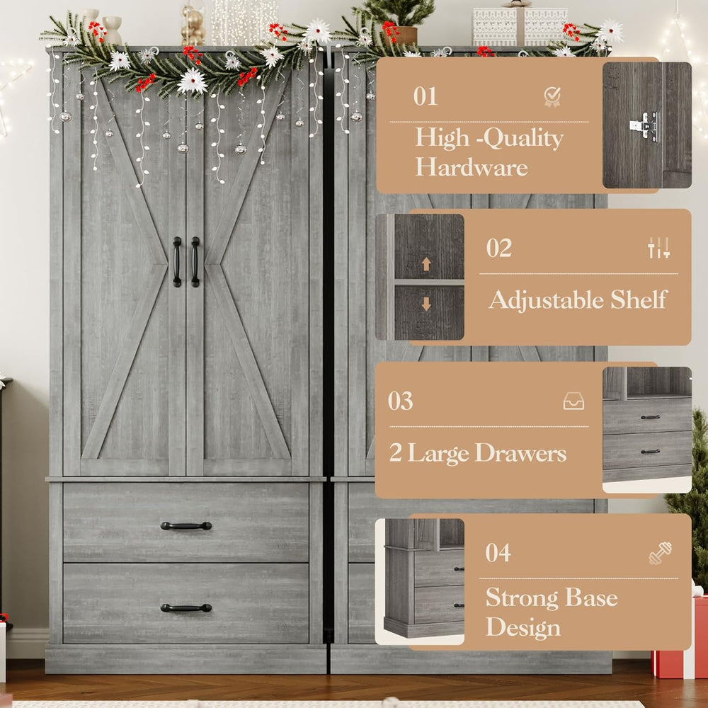 Farmhouse Kitchen Pantry Cabinet with Classic Barn Doors – Freestanding Stora...
