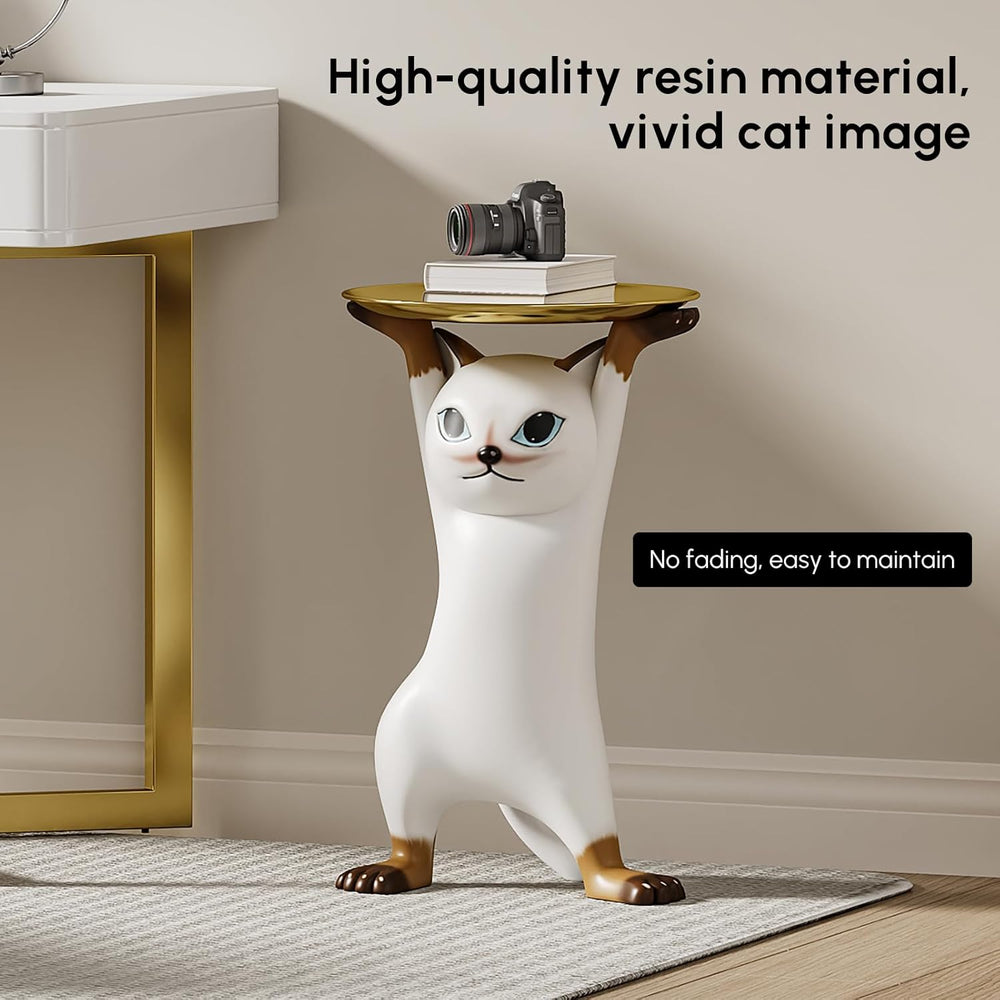 homary Cat Side Table with Gold Tray – Resin Animal Figurine End Table, Small...