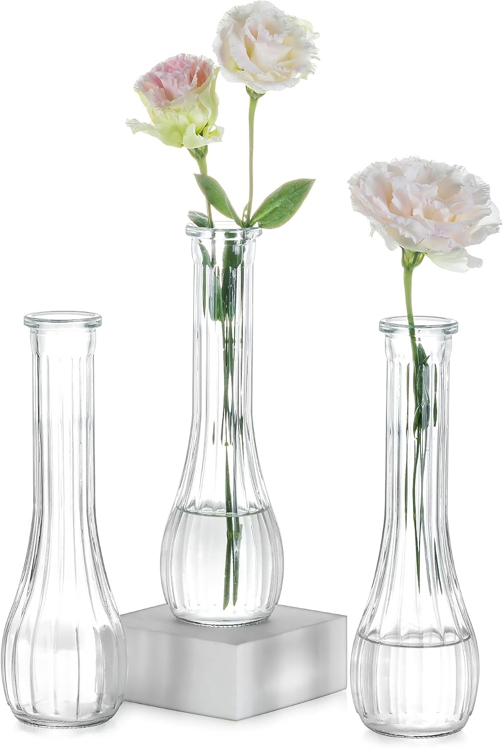 NUPTIO Glass Bud Vases Centerpiece Bulk, 8.5" Tall, Clear, Set of 3 | Cute Ribbed Flower Vase, for Wedding, Birthday, Party, Events, Home, Table Decor