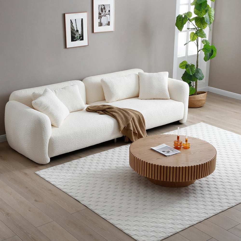 Round Coffee Table with Fluted Design, Wood Oak