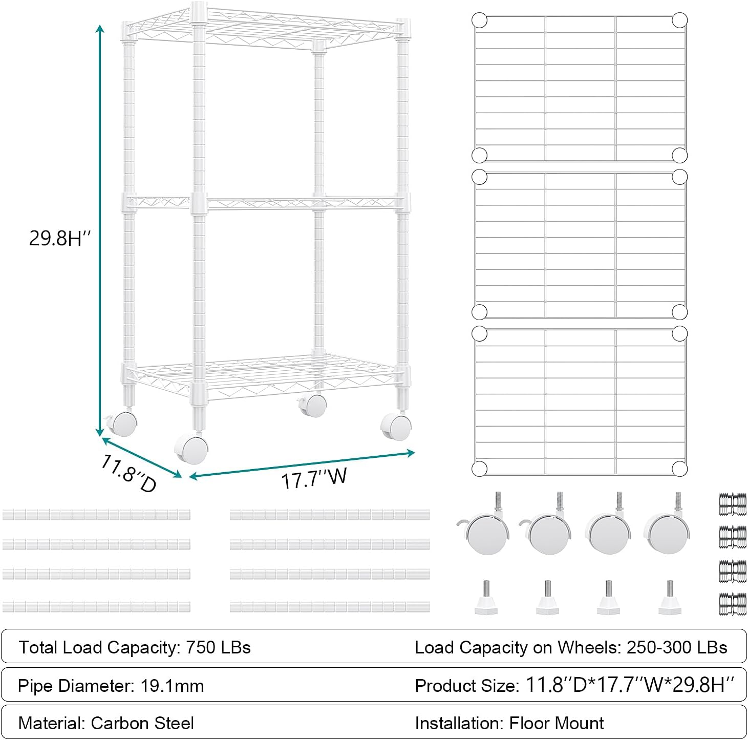 3 Tier Shelf Metal Storage Shelves Wire Rack Closet Organizers with Wheel for Garage Kitchen Bathroom Laundry White 11.8" D x 17.7" W x 29.8" H